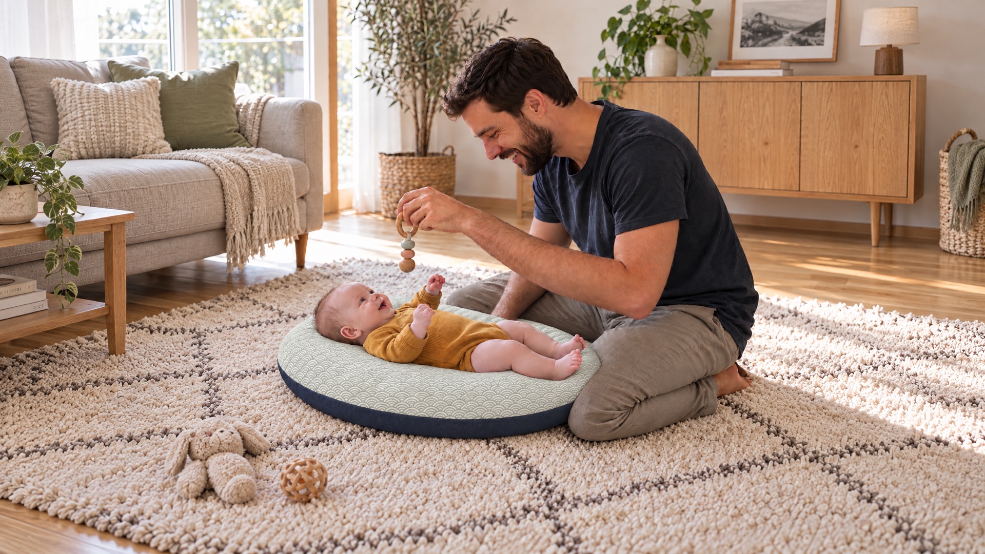 Vater spielt mit seinem Baby auf dem Ei-Kissen im Stoff Mint